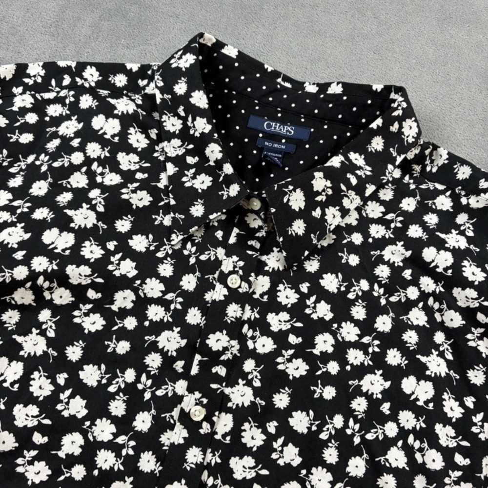 Chaps Womens 3X Black White Floral No Iron Cotton Button Down Shirt Long Sleeve